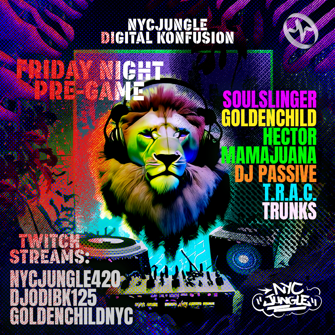 An event flyer featuring an illustration of a stoic lion head, wearing headphones, and floating about dj equipment. High saturation colors and splattered paint elements combine with color halftones and bitmap textures.